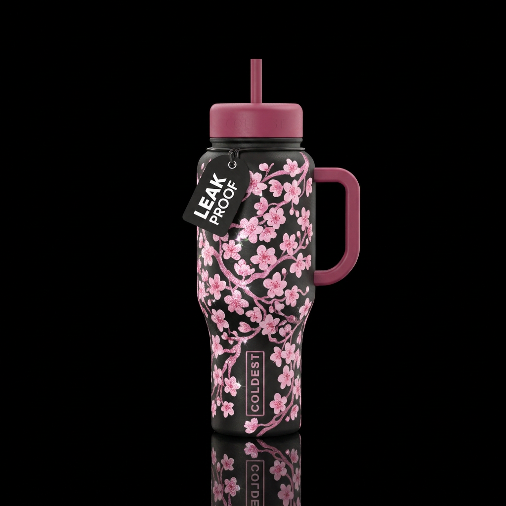 Cherry blossoms,, sparkly, whimsical, painted water bottle design