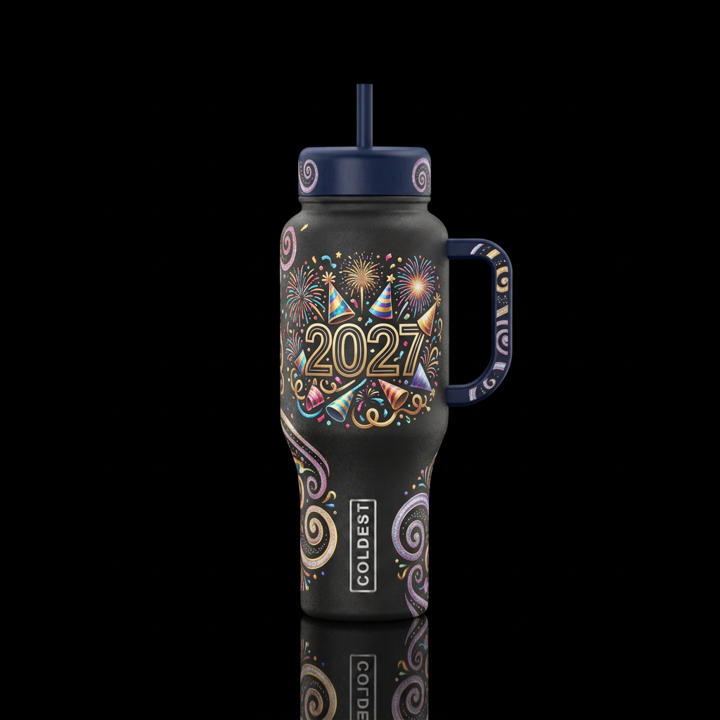 2027, fireworks, party hat, sparkly, glowie, spira... water bottle design