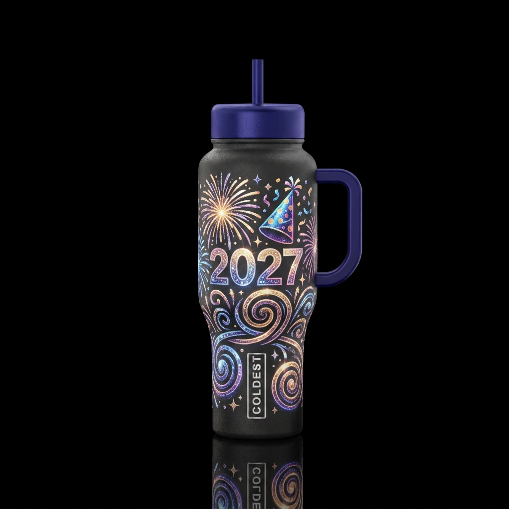 2027, fireworks, party hat, sparkly, glowie, spira... water bottle design