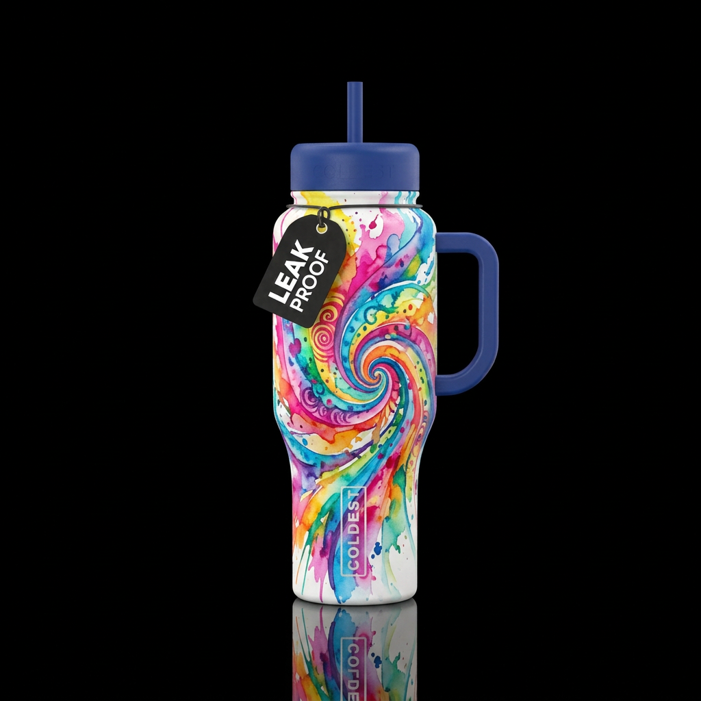 vibrant, watercolor, explosive, spirals water bottle design