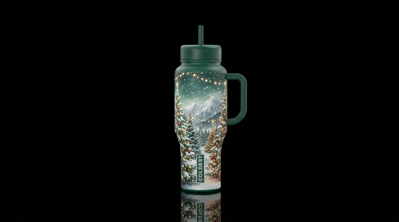 Christmas tree, winter, wonderland, realistic water bottle design