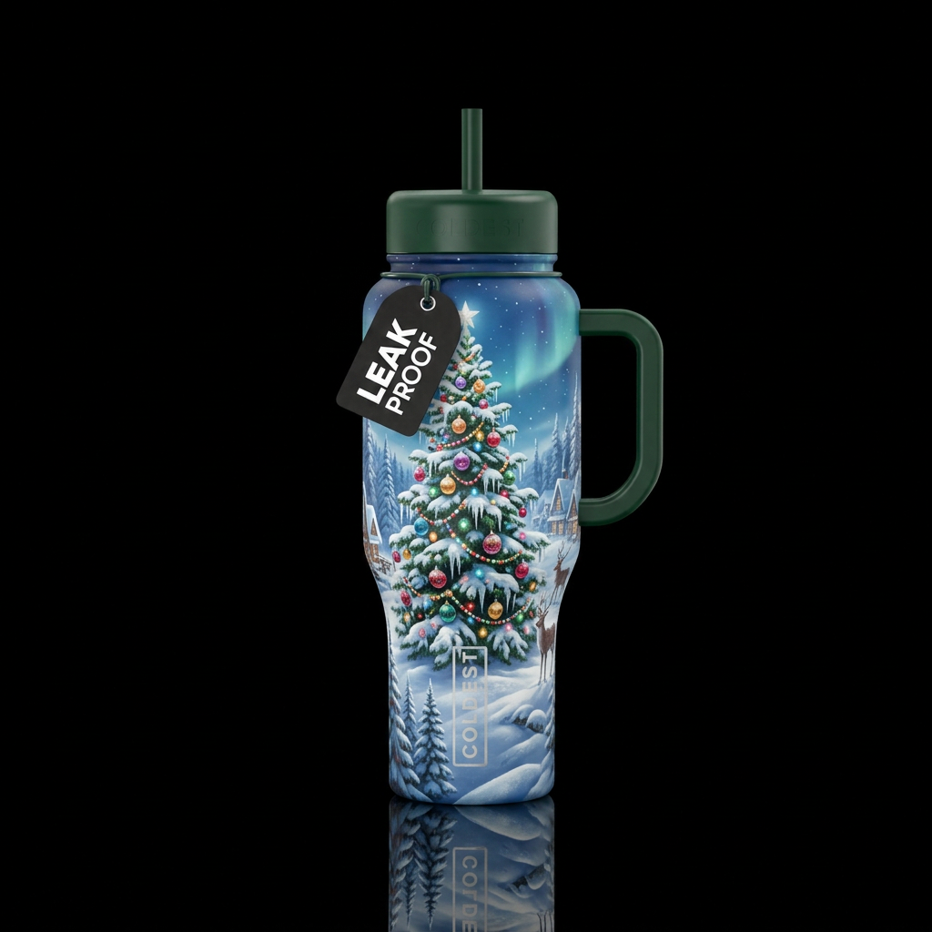 Christmas tree, winter, wonderland, realistic water bottle design