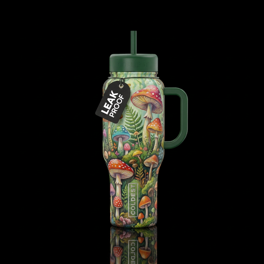 Horticulture, mushrooms, whimsical, painting water bottle design