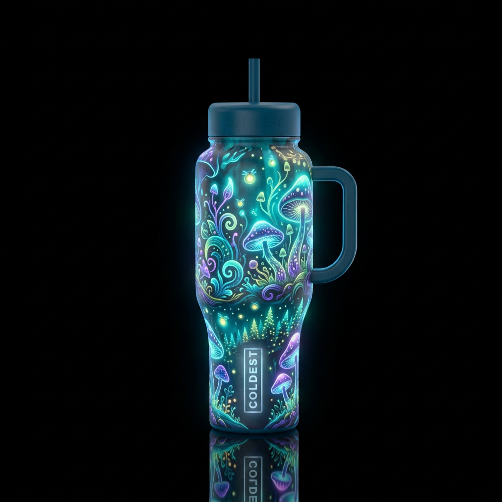 whimsical, glowie, textured, nature water bottle design