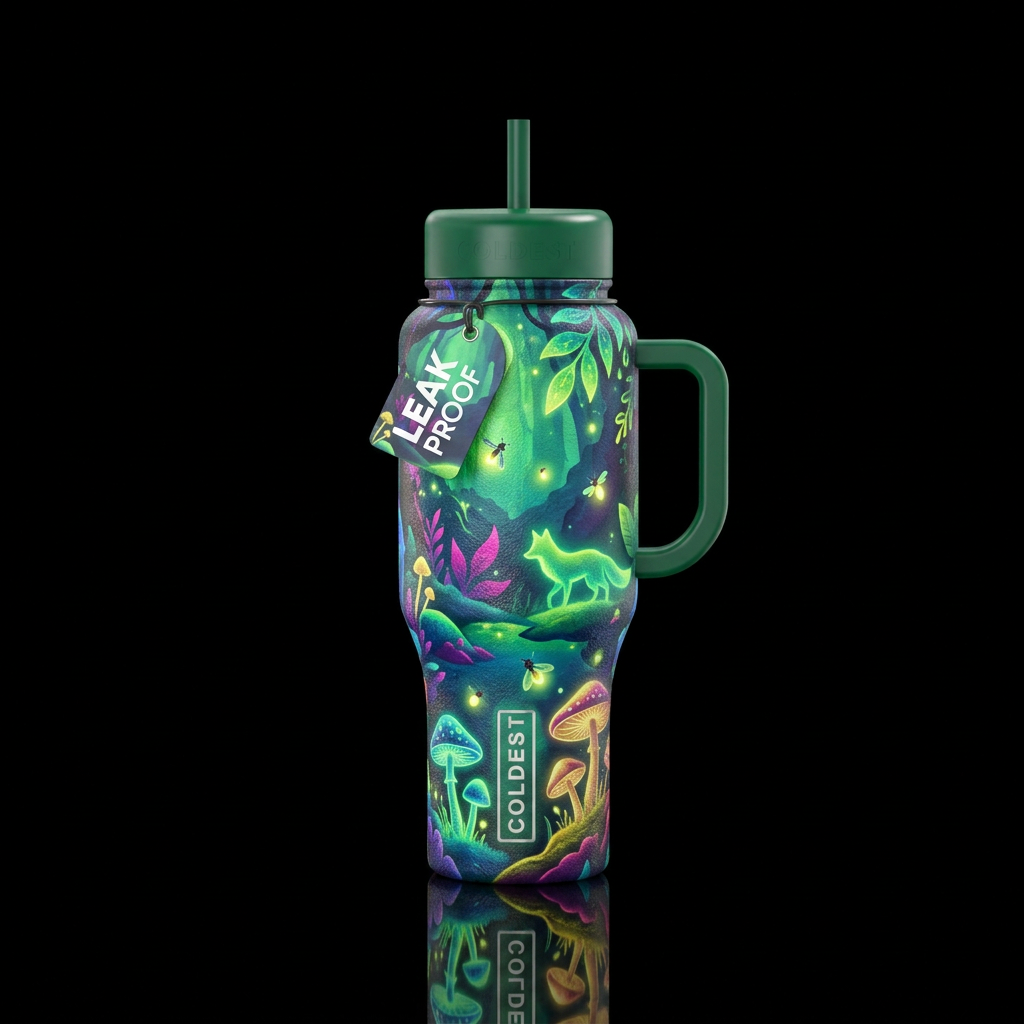 whimsical, glowie, textured, nature water bottle design