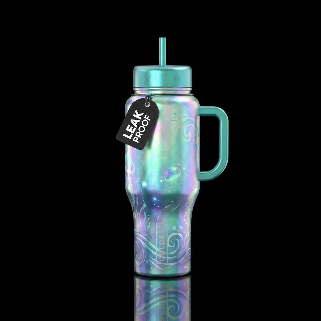 ocean,, irridescent, magical, whimsical water bottle design