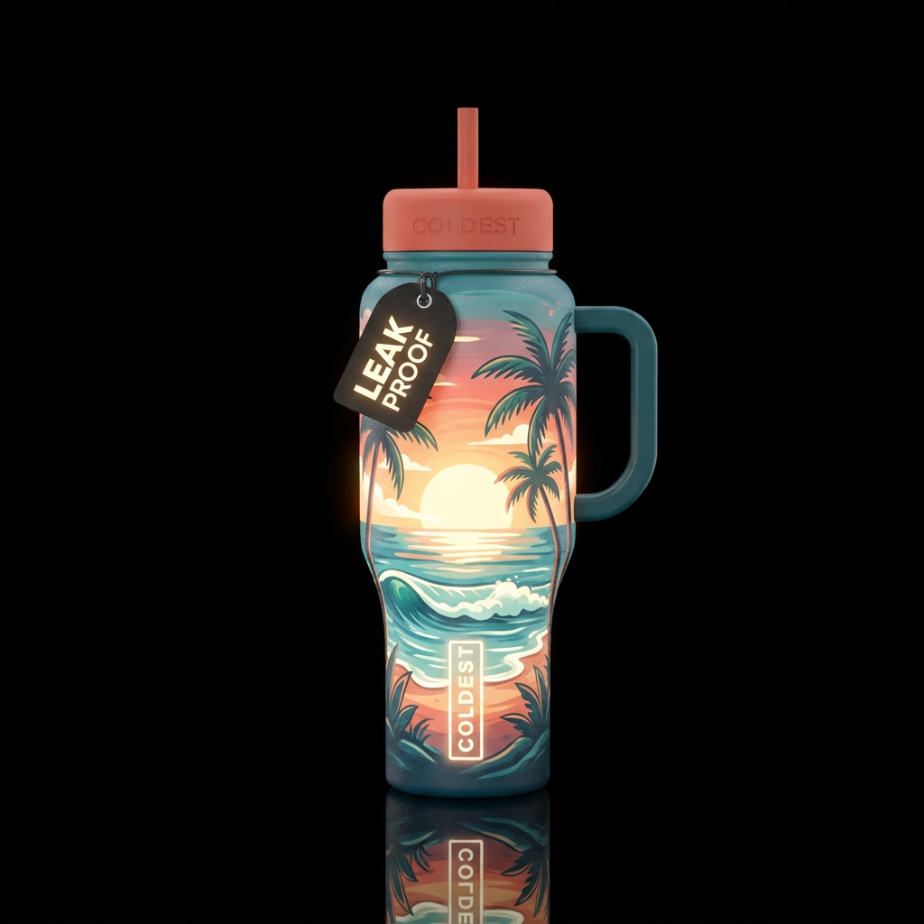 whimsical, beach, sunset, glow, glowie water bottle design