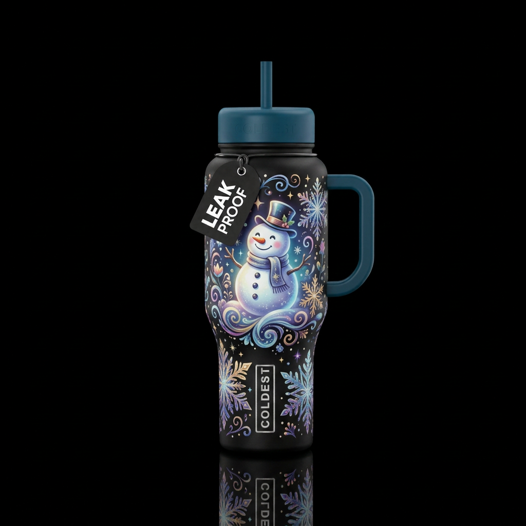 magical, whimsical, snowman and snowflakes water bottle design