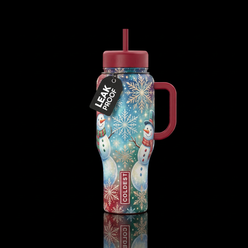 magical, whimsical, snowman and snowflakes water bottle design