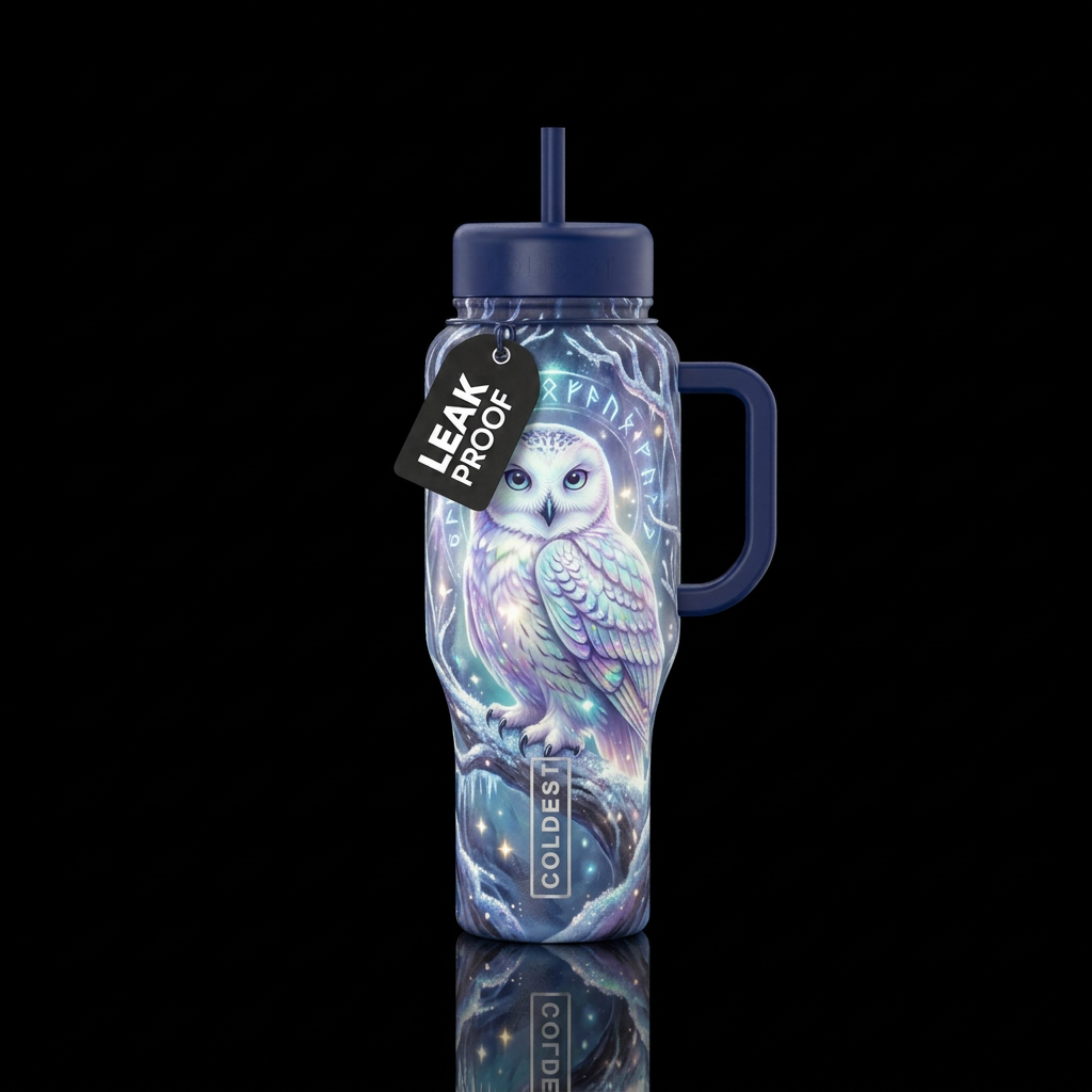 Snow White owl, magical, vibrant, whimsical water bottle design