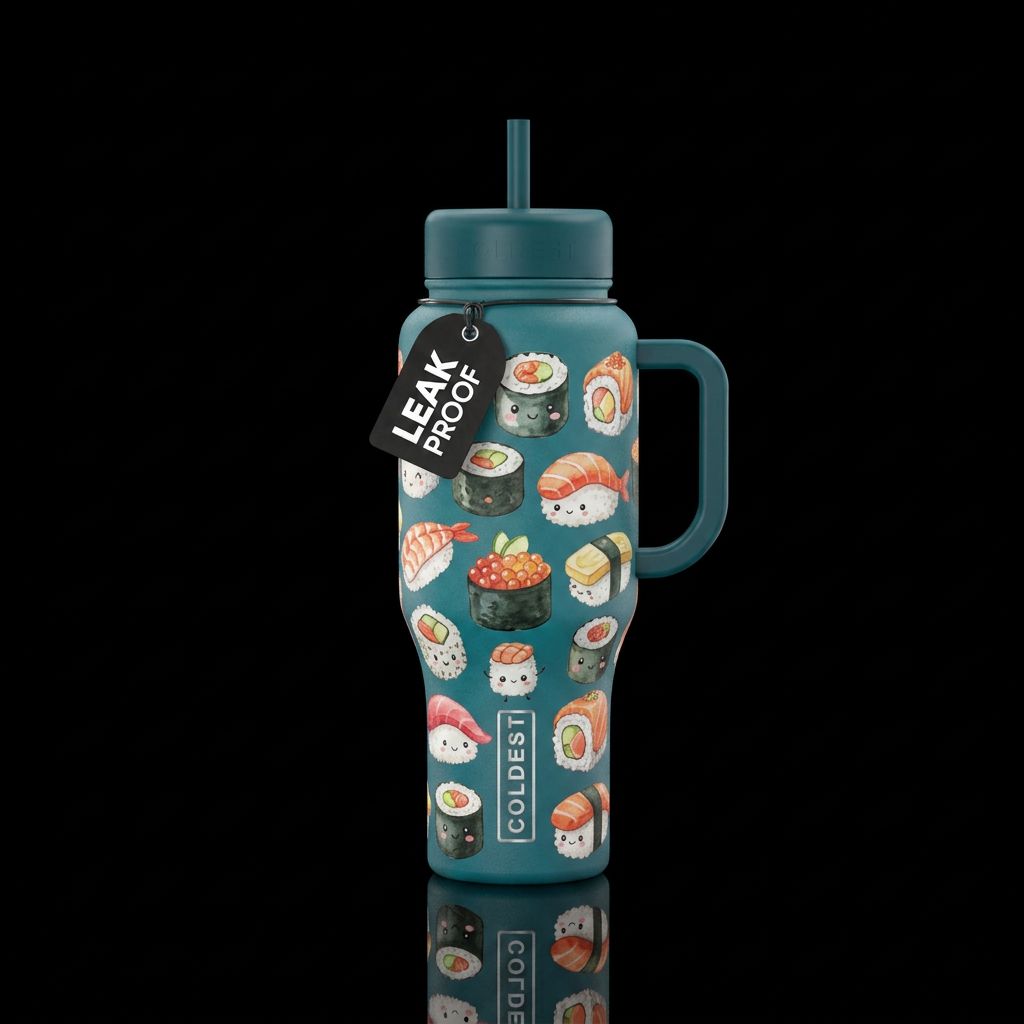 Sushi, cartoon, watercolor, whimsical, minimalist water bottle design
