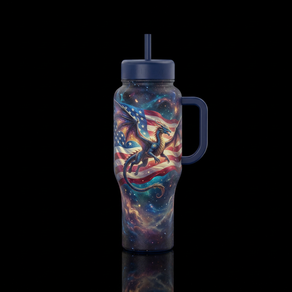 American flag waving with a dragon in flight and a... water bottle design