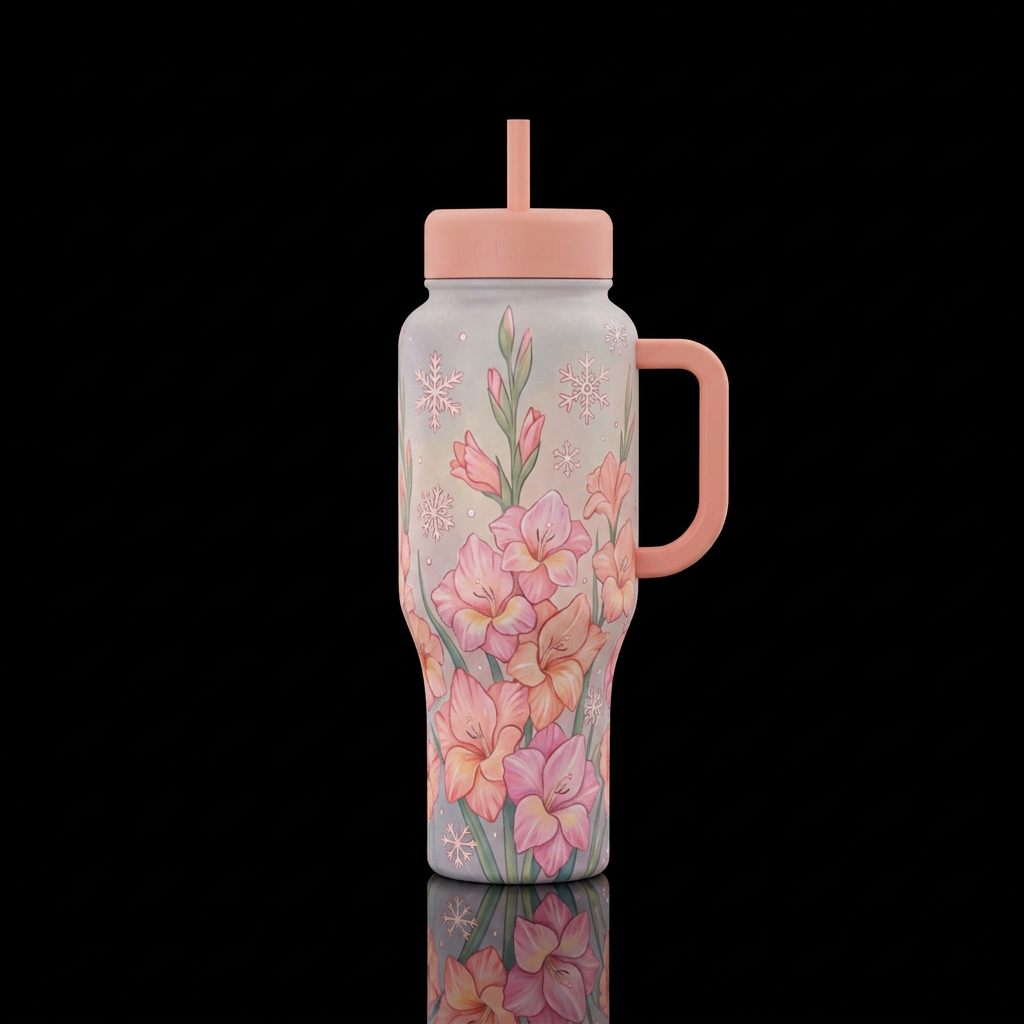 Floating Snowflake background with whimsical pink ... water bottle design