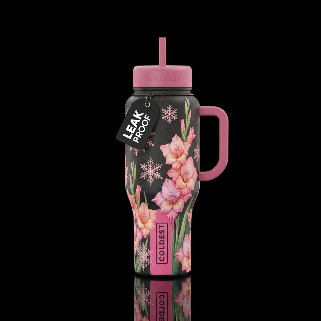 Floating Snowflake background with whimsical pink ... water bottle design