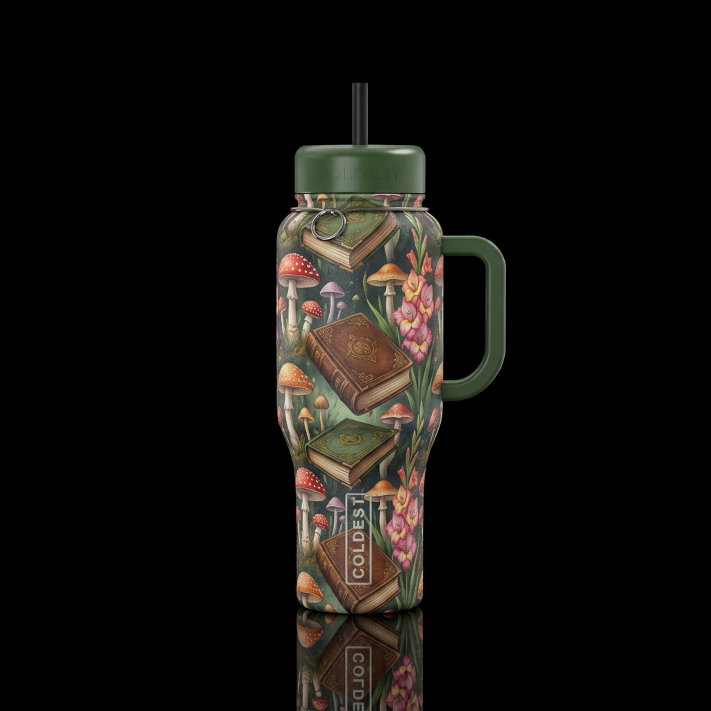 Floating book background with whimsical mushrooms ... water bottle design