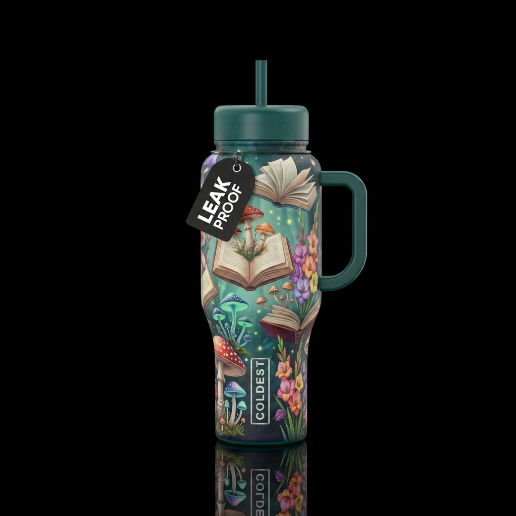 Floating book background with whimsical mushrooms ... water bottle design