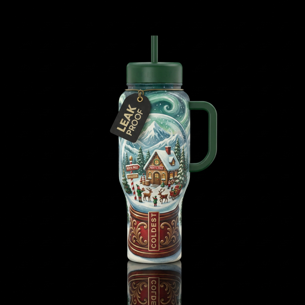Old school North Pole scene inside a snow globe wi... water bottle design
