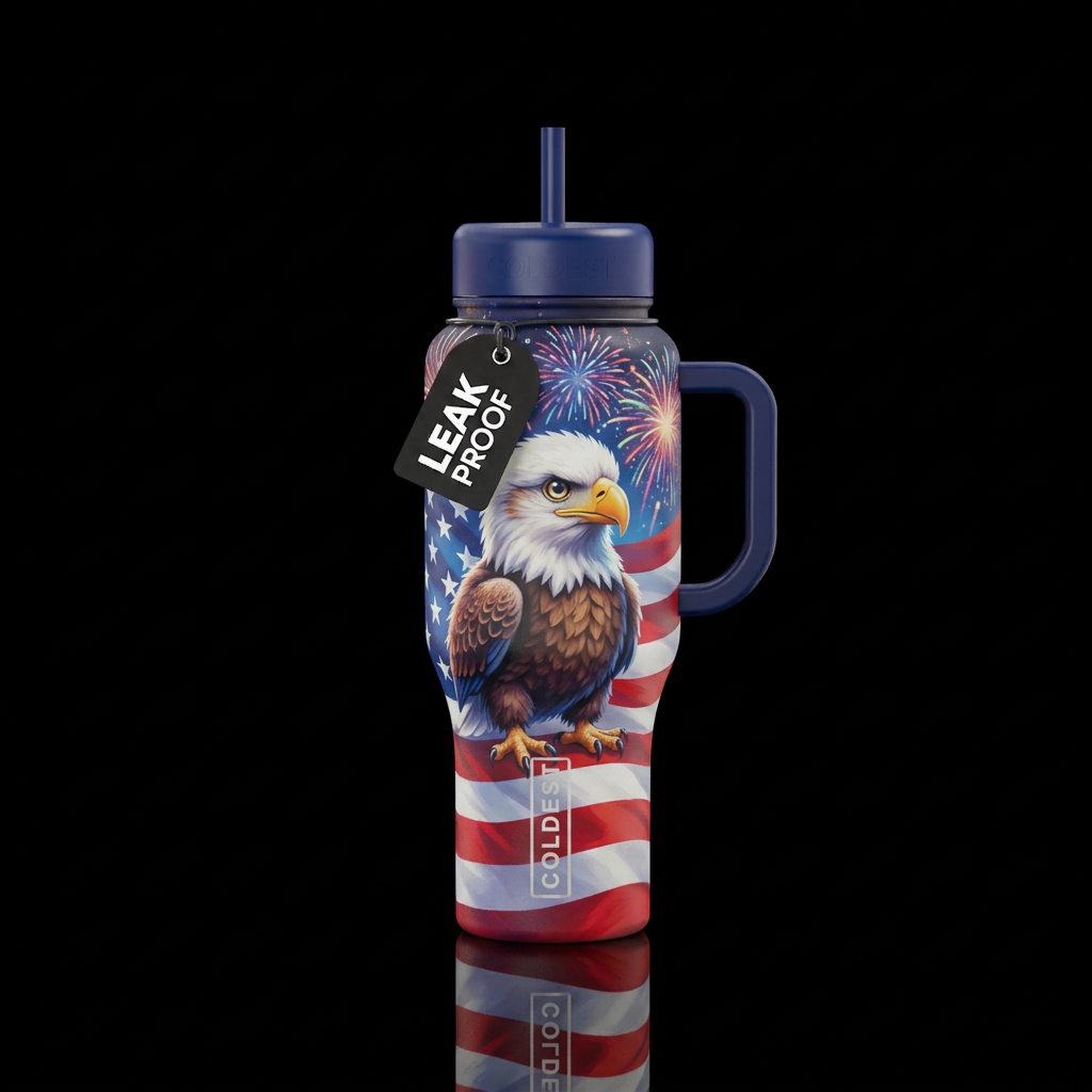 Baby bald eagle with the American flag in the back... water bottle design