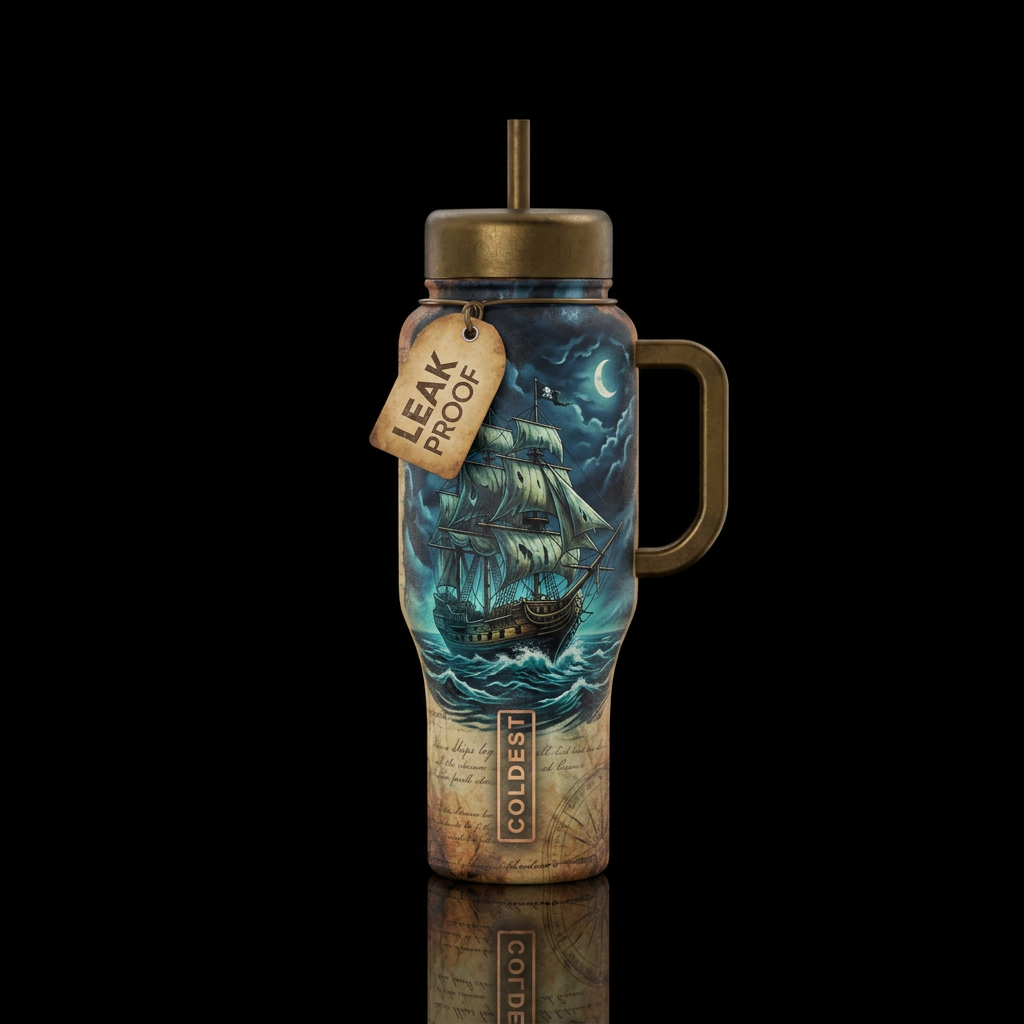 Ghost pirate ship in the ocean on a dark night wit... water bottle design