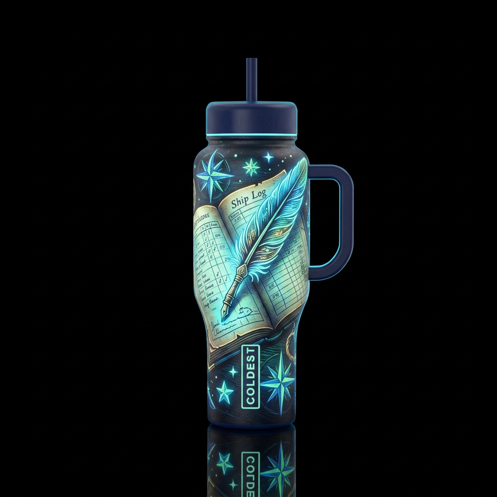 Glow in the dark Feather quill pen, ship log backg... water bottle design