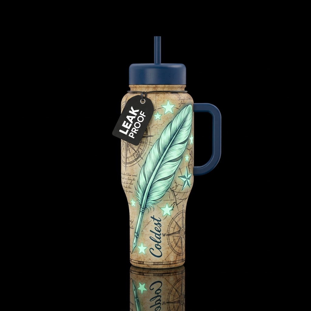 Glow in the dark Feather quill pen, ship log backg... water bottle design