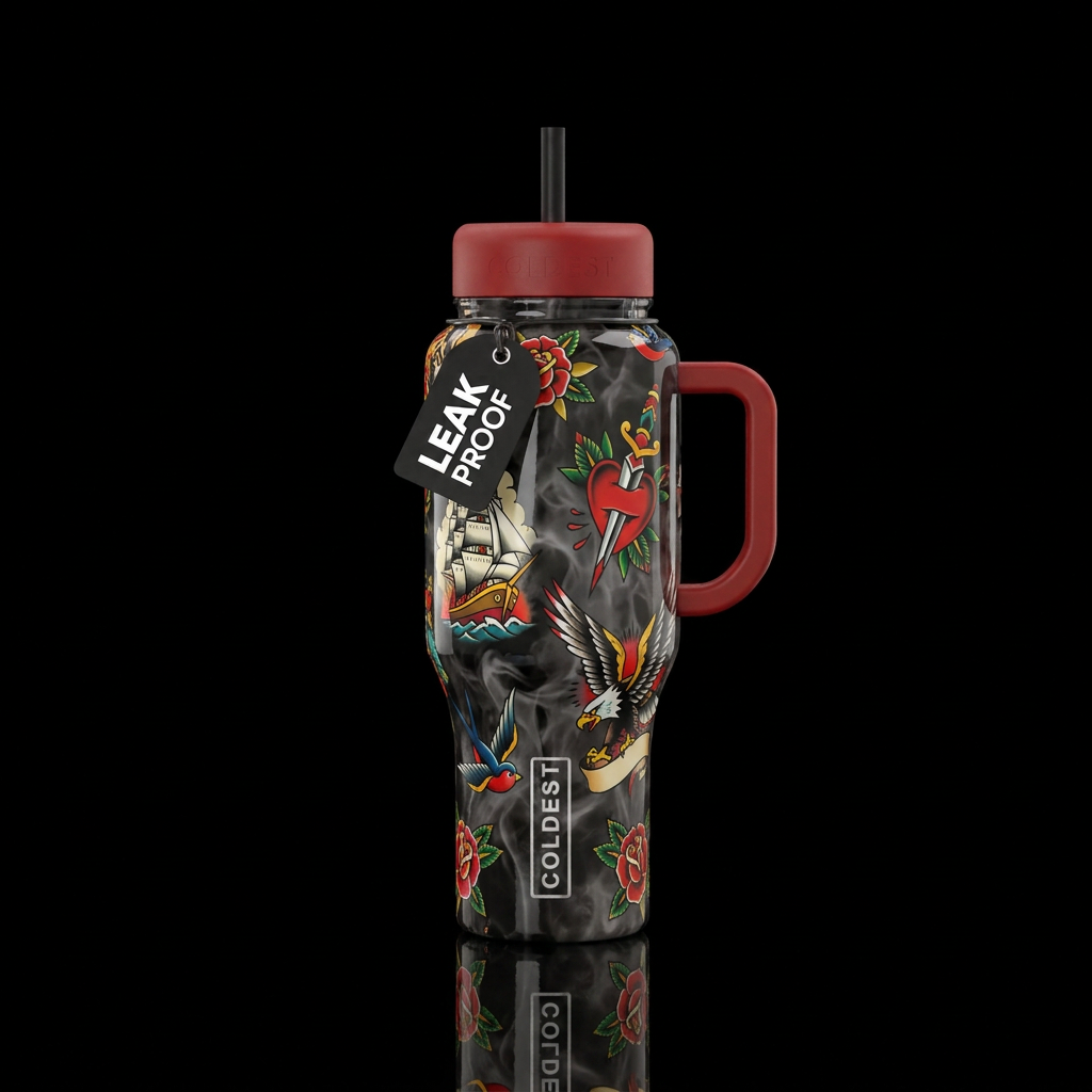 American traditional tattoo art on a smoky dark ba... water bottle design