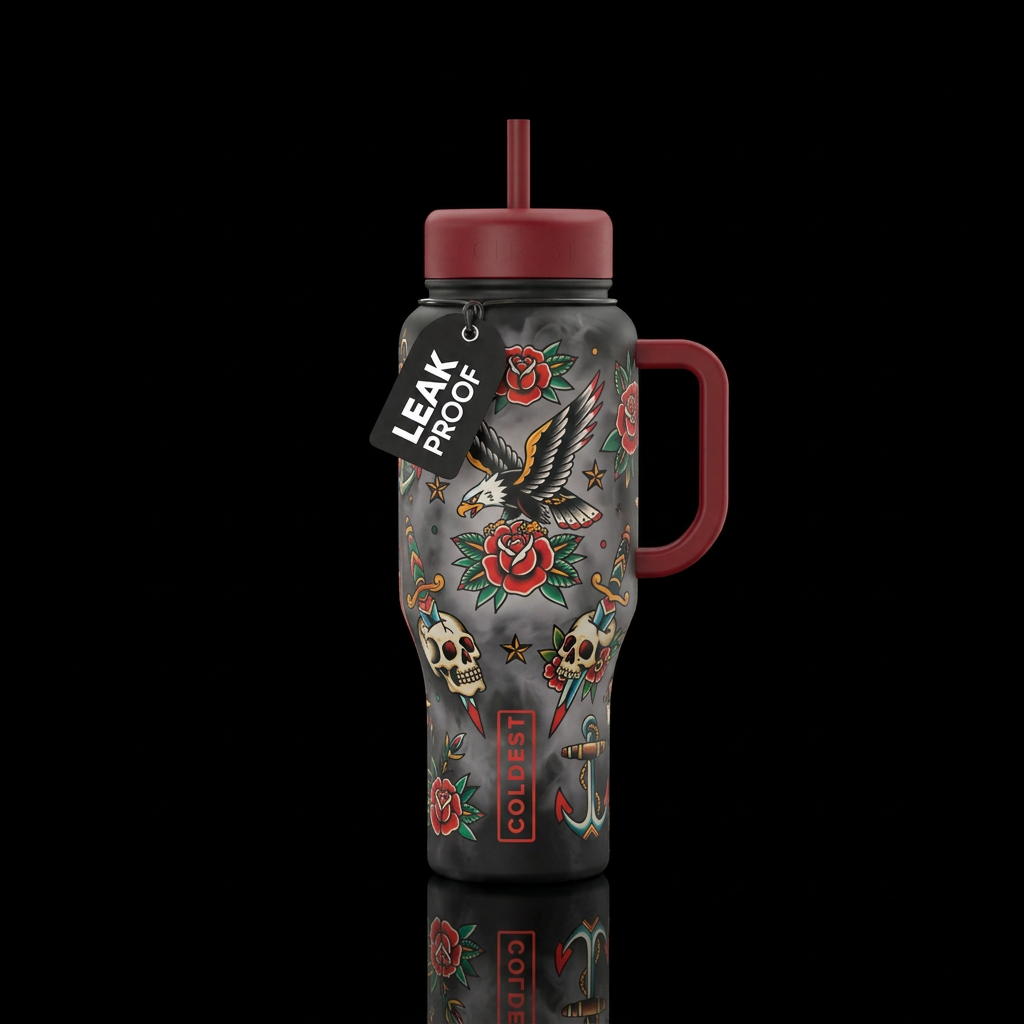 American traditional tattoo art on a smoky dark ba... water bottle design