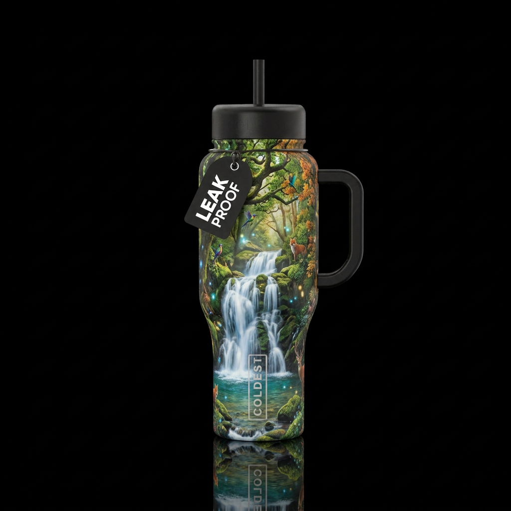 Beautiful waterfall in a forest full of wild life ... water bottle design