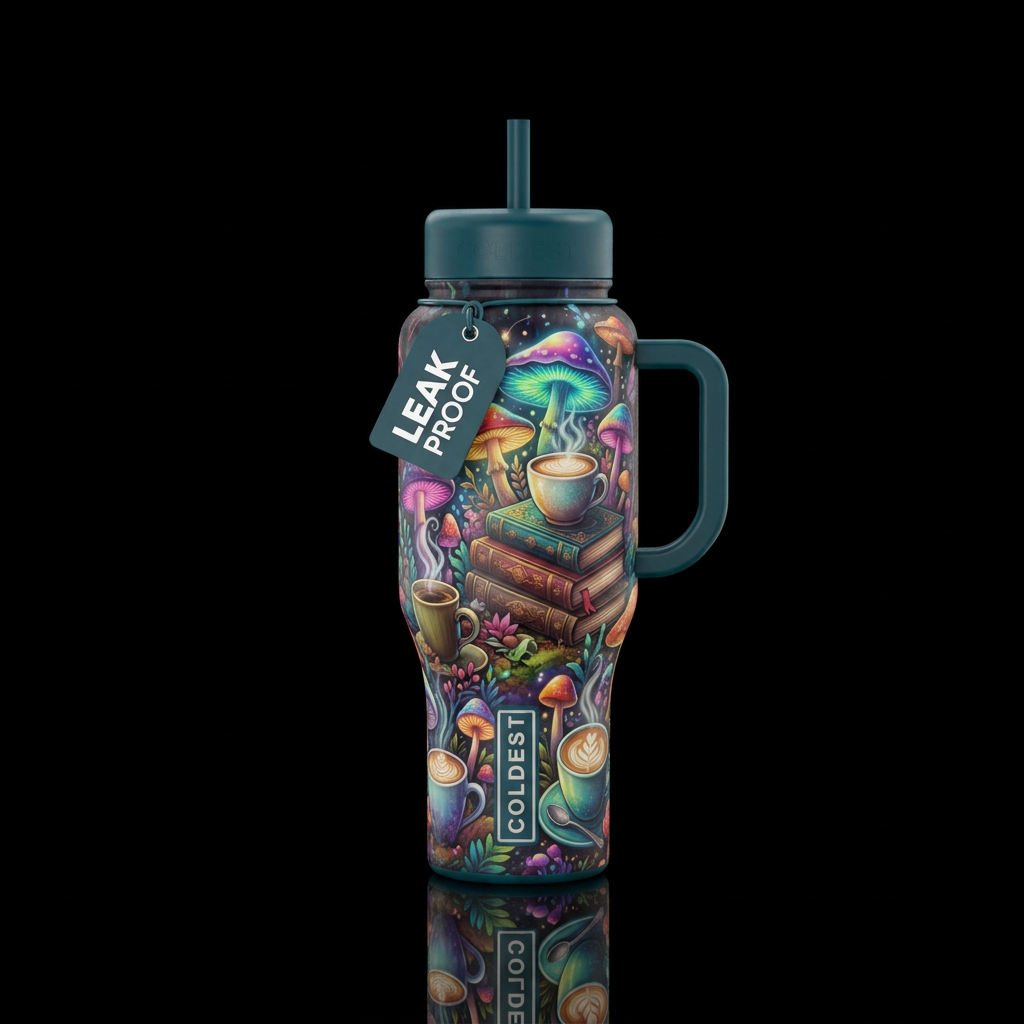 Coffee, latte, books and color with fantasy whimsi... water bottle design