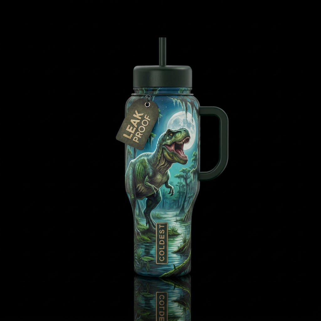 Tyrannosaurus Rex with a swampy moonlit background... water bottle design