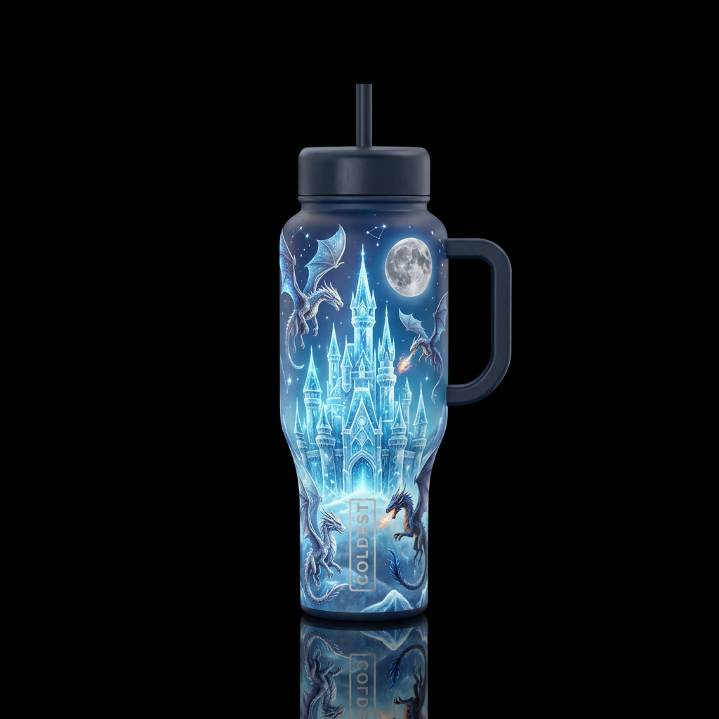 Ice sculpted castle surrounded by dragons in fligh... water bottle design