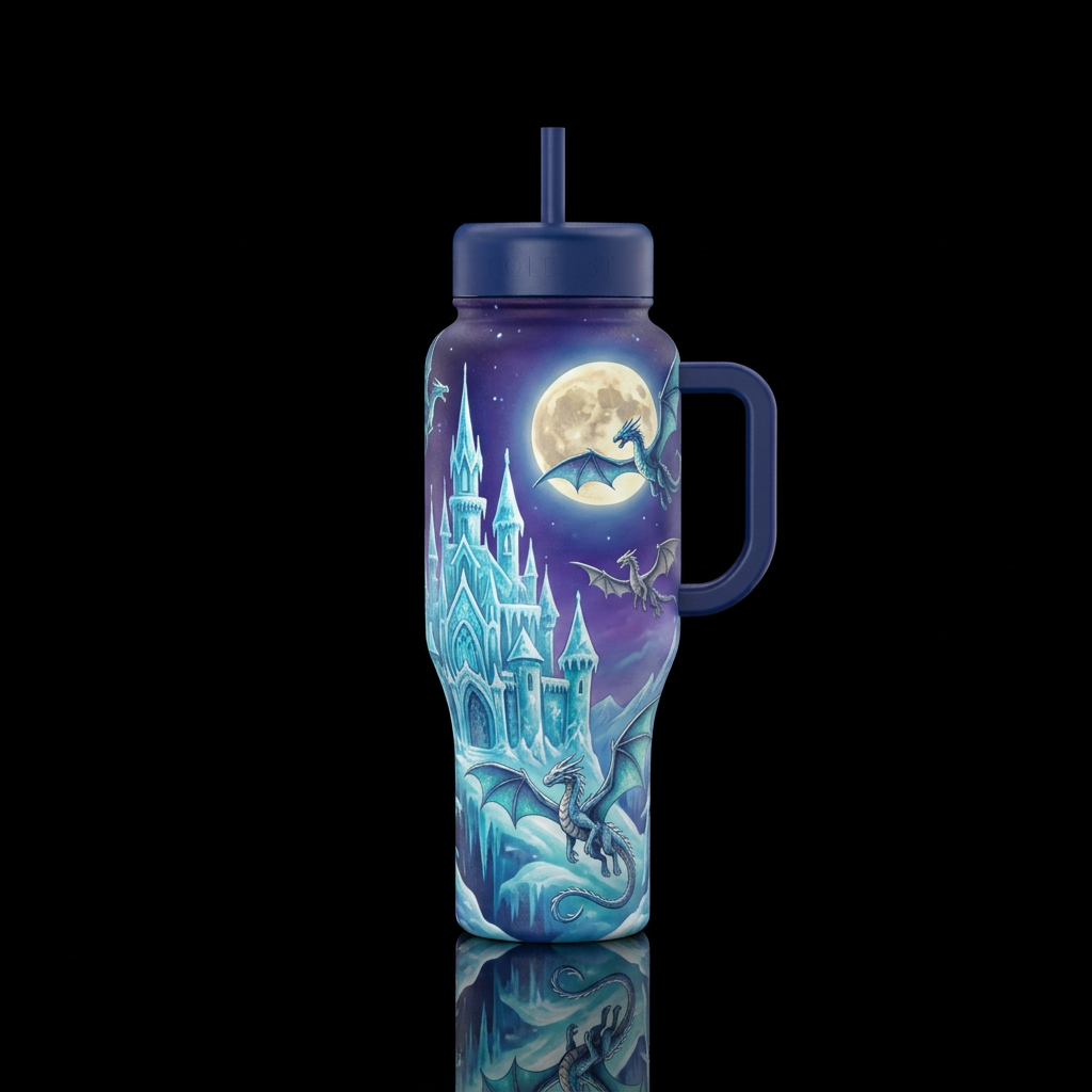 Ice sculpted castle surrounded by dragons in fligh... water bottle design
