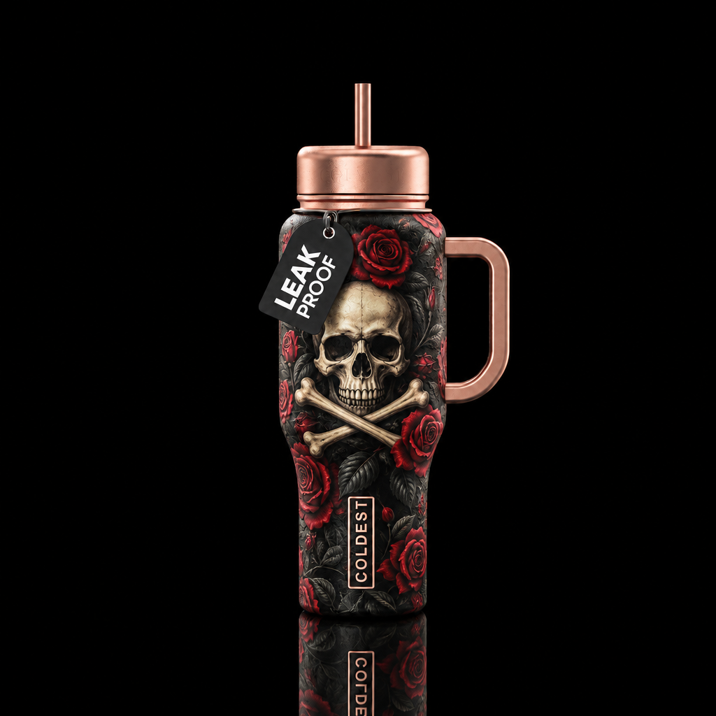 Antique cream colored skull and crossbones with bl... water bottle design