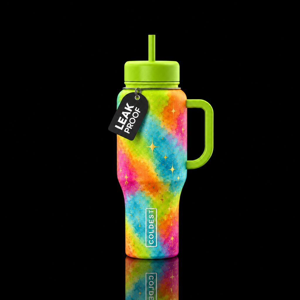 Lime green, bright orange, light blue and hot pink... water bottle design