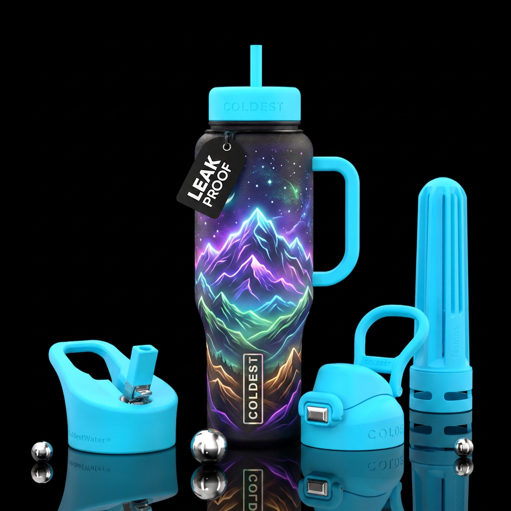Mystical, mountains, neon water bottle design