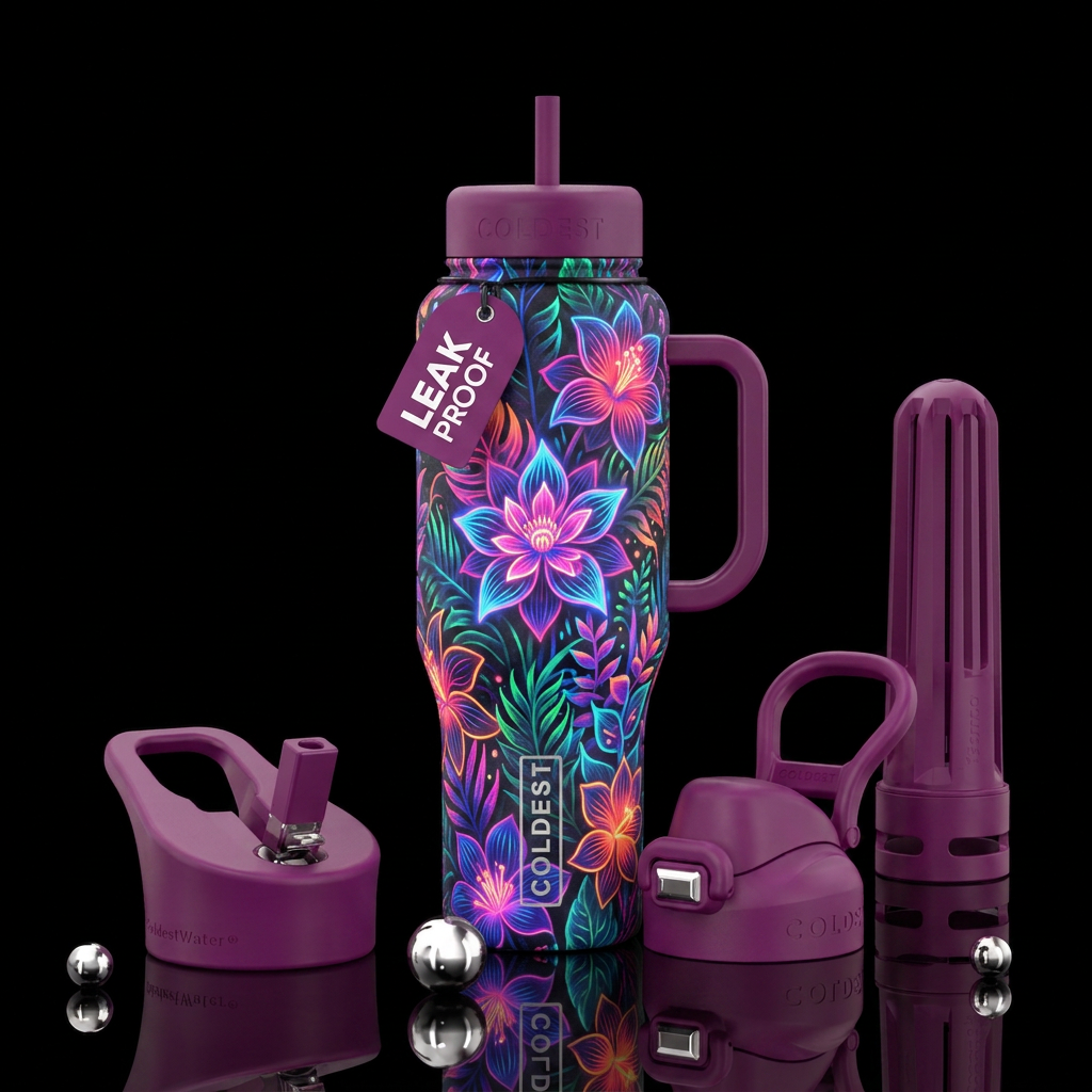 Mystical,  neon, tropical flowers water bottle design