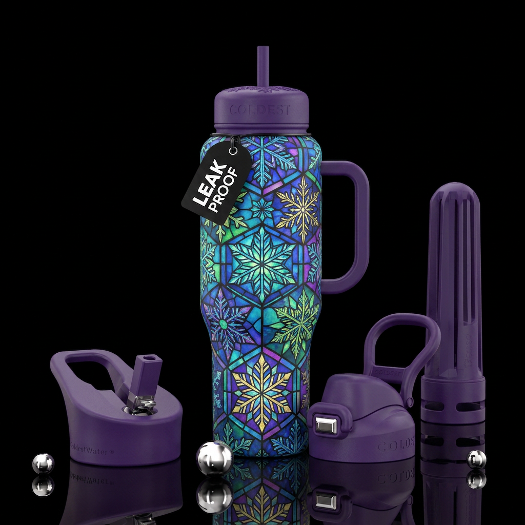 Snowflakes, stained glass water bottle design