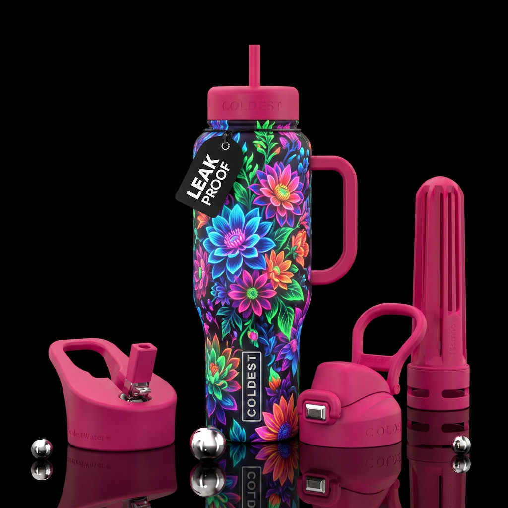 neon flowers water bottle design