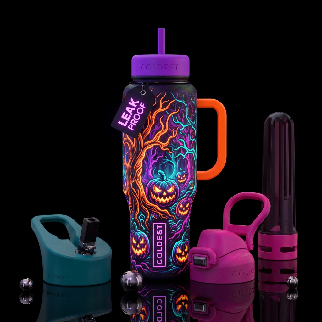 neon spooky forest pumpkin water bottle design