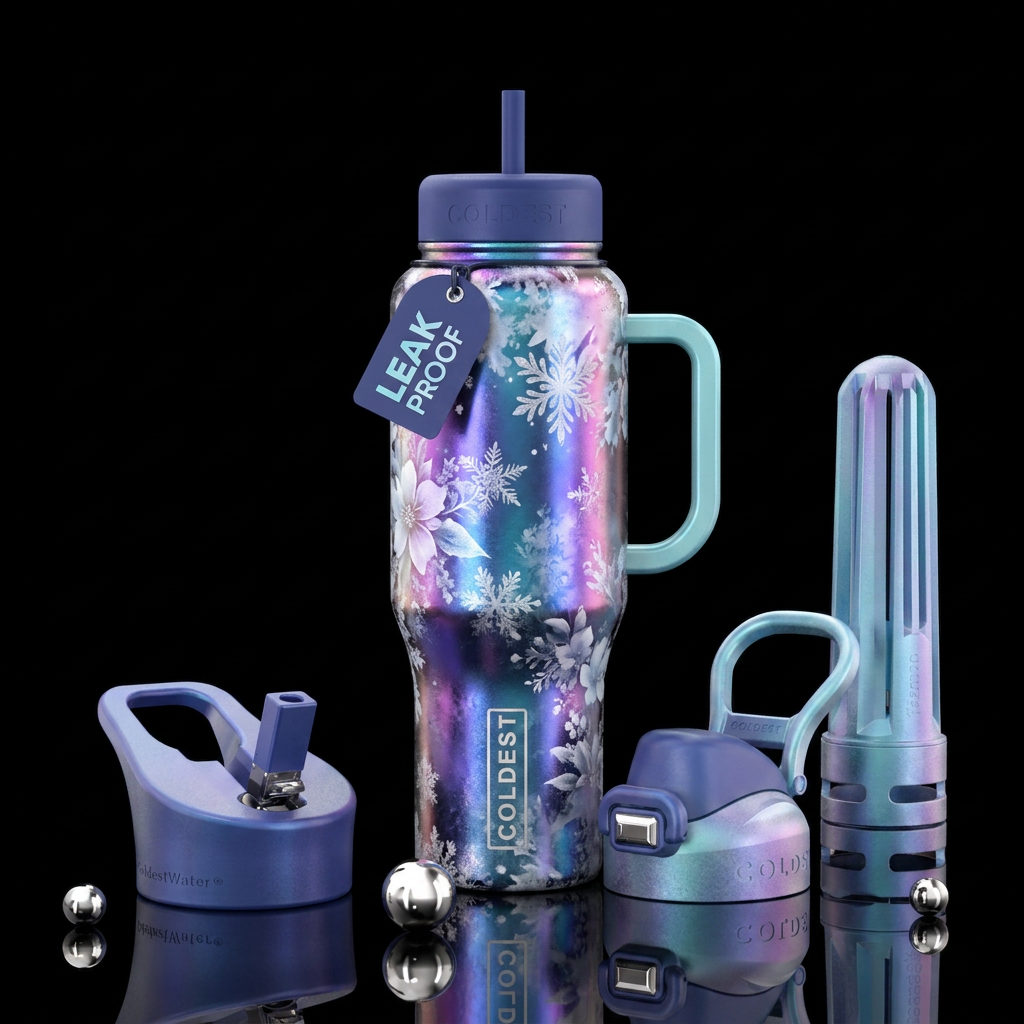 Snowy floral iridescent water bottle design
