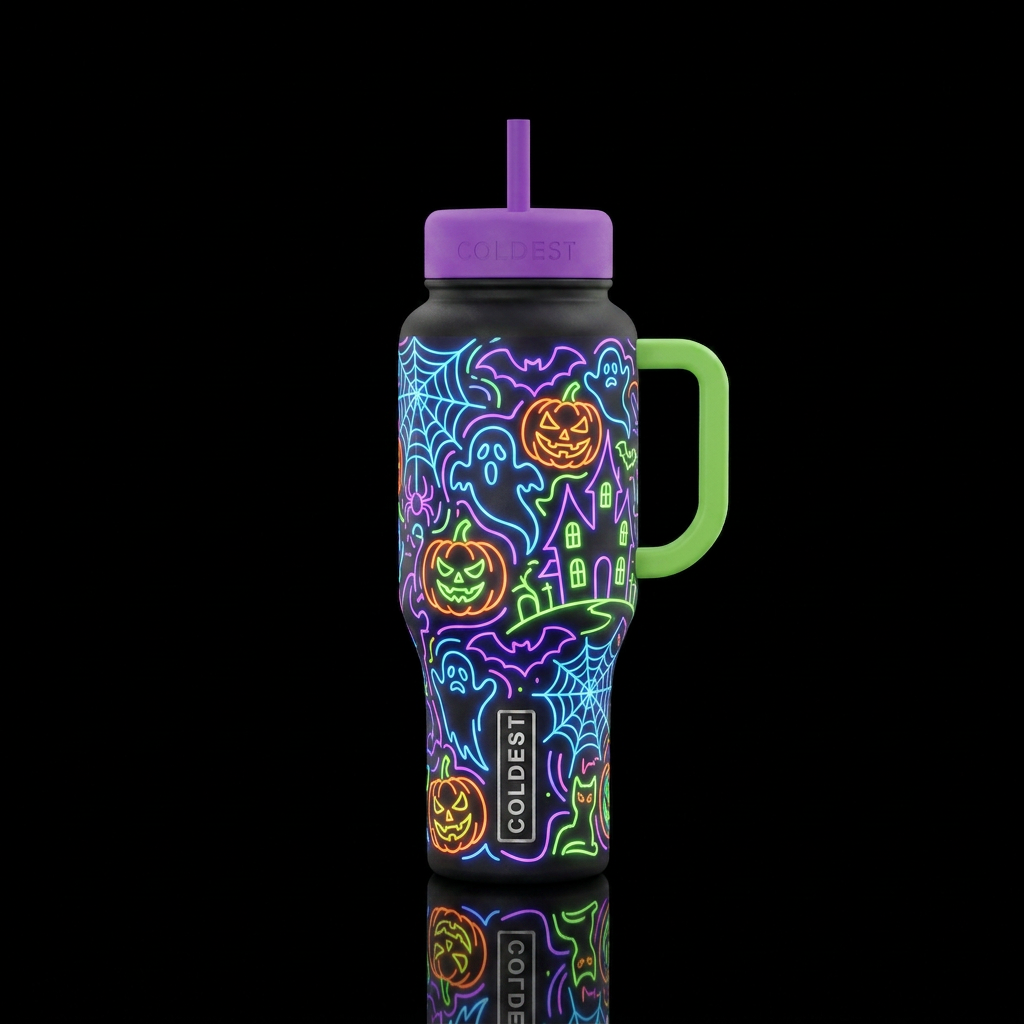 Halloween spooky neon water bottle design