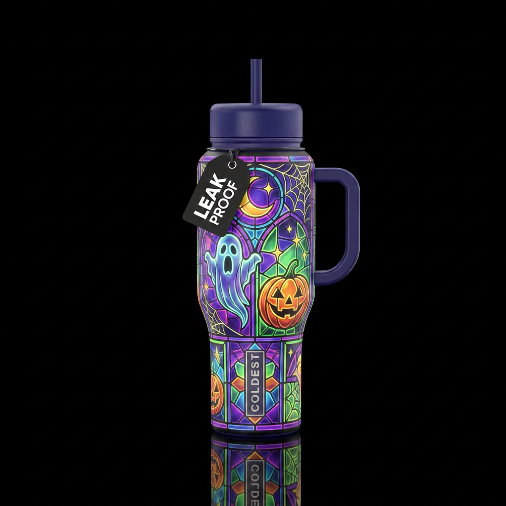 Halloween spooky neon, stained glass water bottle design