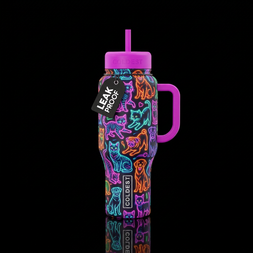 Neon cats and dogs water bottle design