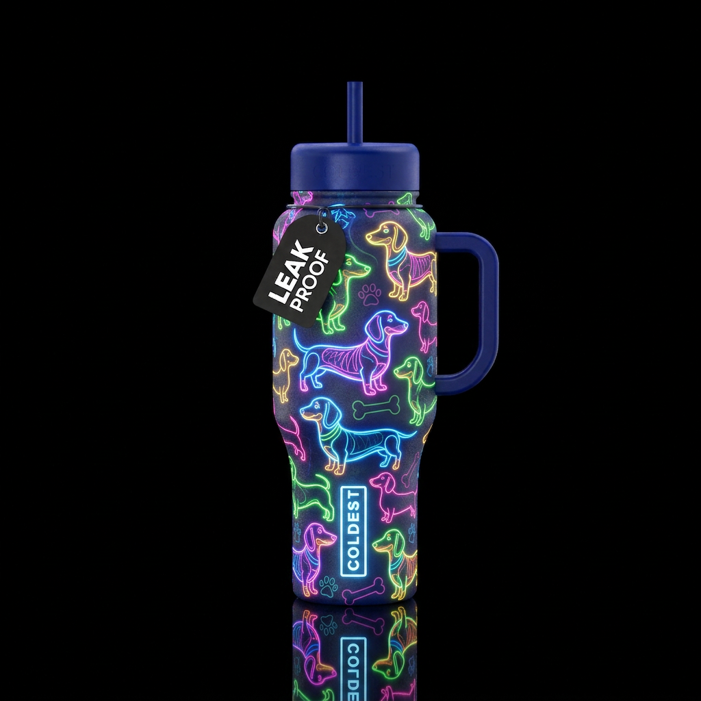 Neon dachshund water bottle design