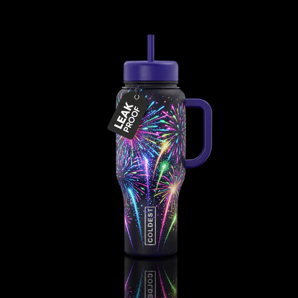 Neon sparkles fireworks water bottle design