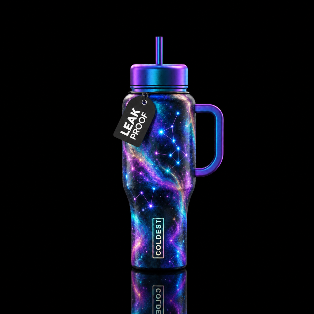 constellation neon abstract, irridescent water bottle design