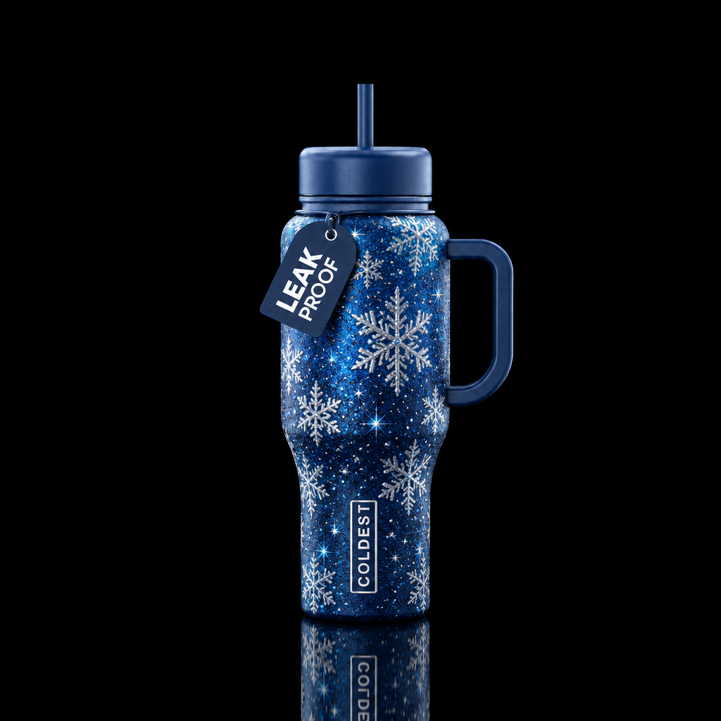 Snow flakes glitter bright water bottle design