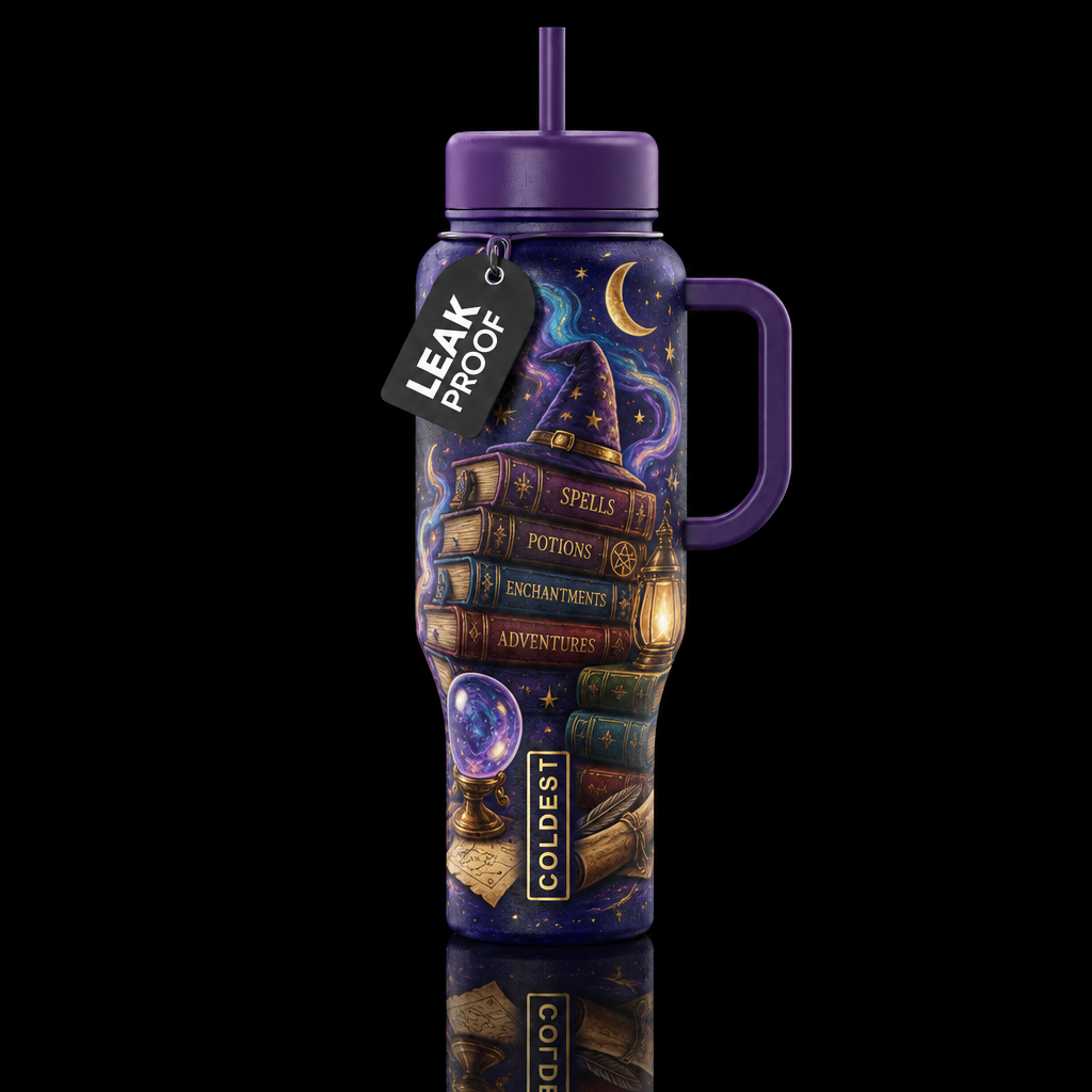 wizard books, whimsical, abstract water bottle design