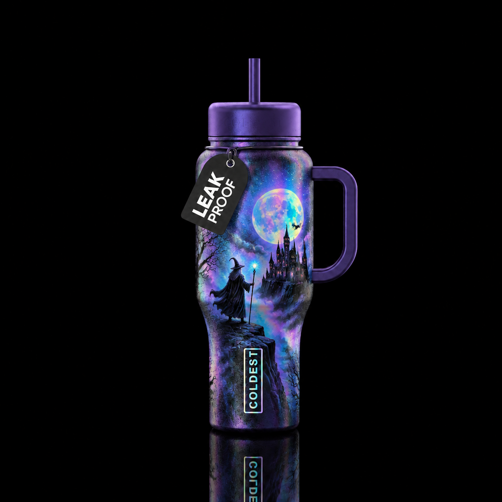 holographic, wizard, haunted, mythical water bottle design