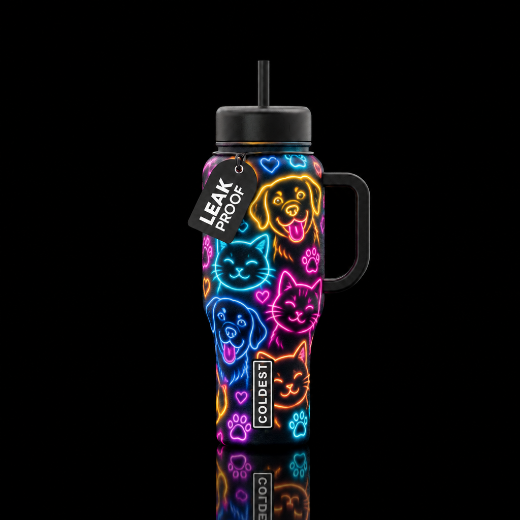 Dogs and cats neon water bottle design